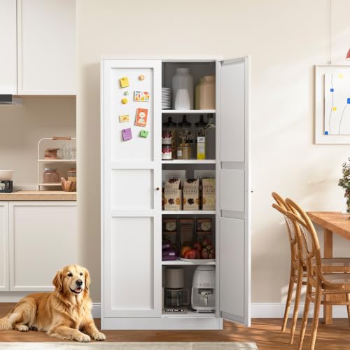 Image of Yizosh Metal Storage Cabinet - 71 inch White Kitchen Pantry with 2 Doors and 5 Adjustable Shelves, 5-Tier Tall Steel Locker for Living Room, Dining Room