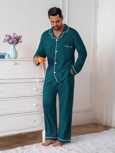 Image of QZH.DUAO Mens Pajama Set 100% Cotton Long Sleeve Button Down PJs