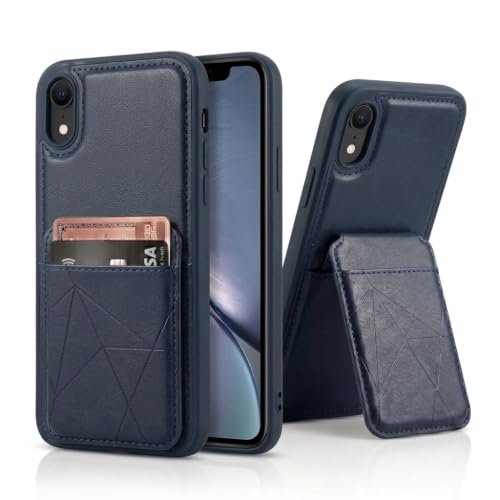 Image of amazon basics Premium Vegan Leather Back Cover with Card Holder and Integrated Mobile Stand for iPhone XR - Slim Shockproof Wallet Case with Geometric Stitching [Blue]