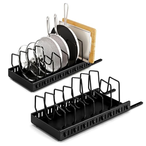 Asnews 2 Pack Pull Out Pots and Pans Organiser for Cupboard 43CM Expandable Pan Lid Holder with 16 Adjustable Dividers Kitchen Storage Rack for Inside Cabinet/Countertop (Black)