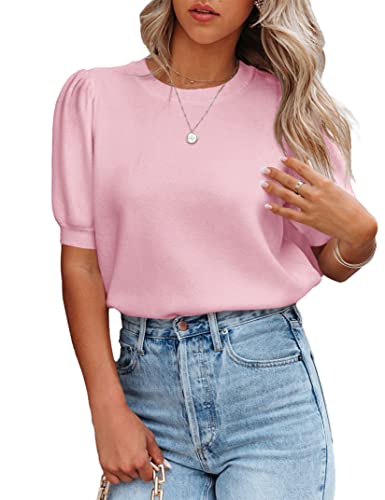 Image of Womens Puff Short Sleeve Sweater Tops Crewneck Basic Knit Pullover Lightweight Casual Sweaters