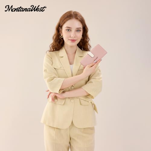 Image of Pink Wallet Women Bifold Long Wallets RFID Blocking Wallets with ID Window
