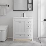 LUCKWIND 30' Bathroom Vanity and Sink Combos, Modern Bathroom Storage Cabinet with Large Sink, Matte Black Faucet and 5 Drawers, Mirror is NOT Included, White