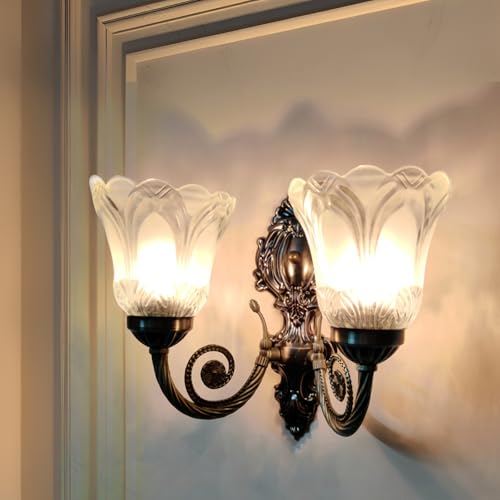 Image of SINOMAN Wall Lights for Home Decoration | Classic Antique Wall Sconce with Dual Glass Lamps | Elegant 2-Light Decorative Wall Fixture for Living Room & Bedroom | Vintage Metal Wall Light (with Bulb)
