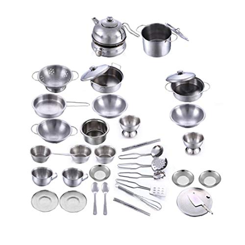 OMMO LEBEINDR Acero Inoxidable Niños Juguetes De La Cocina 18 Piezas De Utensilios De Cocina En Miniatura Playset Simulación Vajilla Pretend Juguete para Niños Inicio Adornos De Decoración