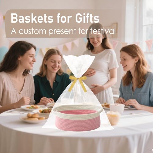 Image of JMvicyroam Small Woven Basket, Empty Gift Basket, White&Pink /3 Pack | Small Gift Basket, Cotton Rope, 12 x 8 x 71 in, Handles, Includes Ribbon and Bag, Birthday Gift Basket