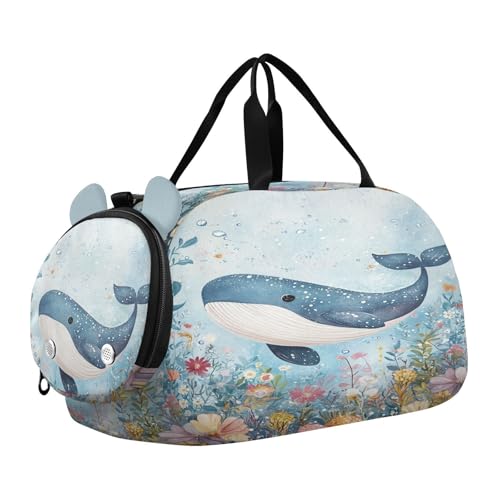 Whale Bubble Blue Kids Travel Duffel Bag for Boys Girls Overnight Weekend Tote Bag with Shoes Compartment for Dance Gym Sports