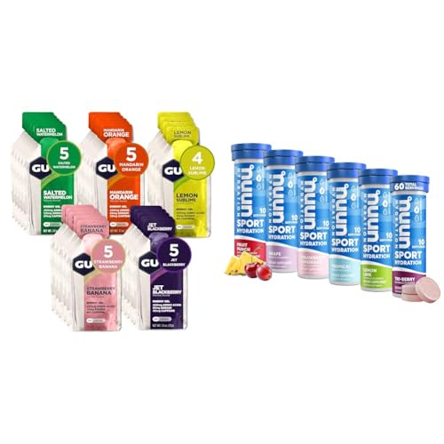GU Energy Original Sports Nutrition Energy Gel, 24-Count, Assorted Fruity Flavors & Nuun Sport Electrolyte Tablets for Proactive Hydration, Variety Pack, 6 Pack (60 Servings)