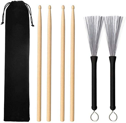 Tzong 1 Pair Drum Wire + 2 pairs of 5A Maple Drum Sticks Brushes Retractable Black Rubber Handles Loop End Metal Wire Drum Brushes Sticks with Beam Mouth Plush Bag