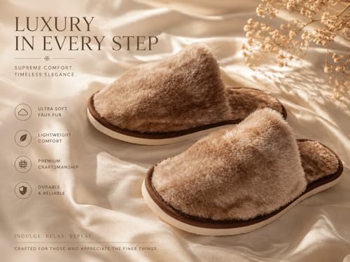 Image of Galaxy Fashion Point LUXORIA Ultra Soft Faux Fur Slippers for Women & Men | Fluffy Warm Indoor House Slippers | Lightweight Anti-Slip Cozy Bedroom Home Footwear | Premium Plush Winter Comfort Slides (Beige Brown)
