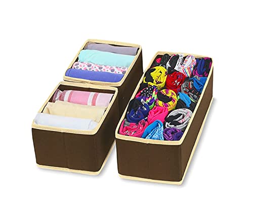 Image of Foldable Set of 3 Cloth Storage Box Closet Dresser Drawer Organizer Cube Basket Bins Containers Divider with Drawers for Underwear, Bras, Socks, Ties, Scarves (Set of 3 - Brown)