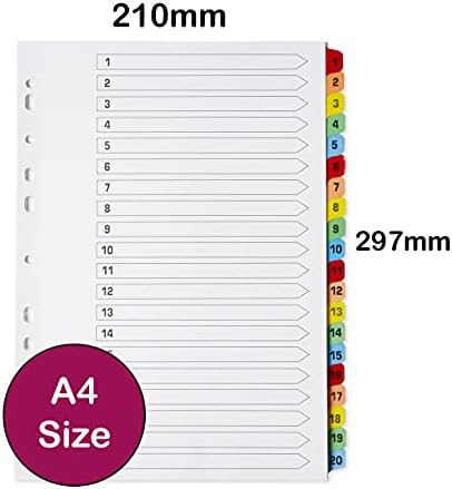 [5 Pack] A4 File Dividers 20 Part Numbered 1-20 | A4 Subject Dividers 20 Part Numbered 1-20 with Multipunched Reinforced Colour Tabs 150gsm