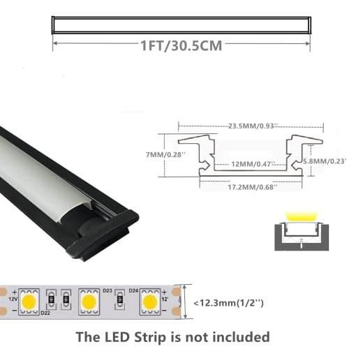 Thmoother Recessed Black Led Strip Channel Diffuser 6-Pack 1Ft,23.5X7Mm Aluminum Track With Flange, Wardrobe Bookcase Cabinet Wooden Furniture Groove Integrated Low Profile With Double Sided Tape #TOP1