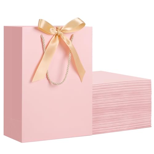 EUSOAR Bolsas Papel con Cinta Rosa - 20 Unidades Bolsas de Regalo con Asa - 20x10x28cm M Mediana Bolsitas Regalo Boutiques Tiendas Boda - 230GSM Papel Kraft Rosa Gift Bags Fiesta