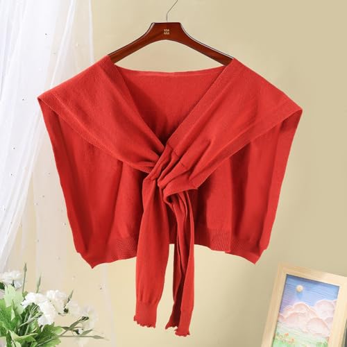 Red Knitted Sweater Shawl 2025 Lightweight Thin Casual Commute Travel Scarf Cape Wraps Detachable Collar Soft Touch Tie Up Knotted Shawls for Women Spring Fall Trendy Outfits Streetwear3