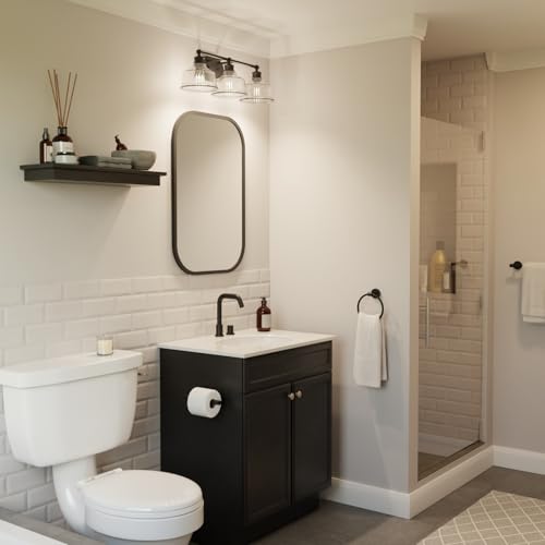 Image of Globe Electric 4-Piece All-in-One Bathroom Set, Matte Black, 3-Light Vanity Light with Clear Glass Shades, Towel Bar, Toilet Paper Holder, Towel Ring