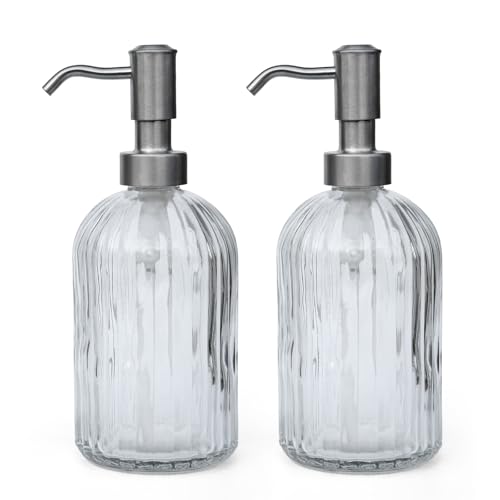 Image of 16 OZ Stripe Design Soap Dispense with 304 Rust Proof Stainless Steel Pump Glass Soap Dispenser Kitchen Soap Dispenser Bathroom