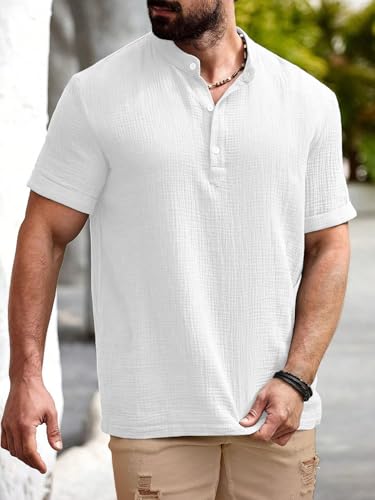 Image of Men Shirt | Black Textured Cotton Blend | Regular Fit Casual Shirt | Half Short Sleeve | Mandarin Chinese Collar | Button Down | Summer Office Wear | Stylish Shirt for Men