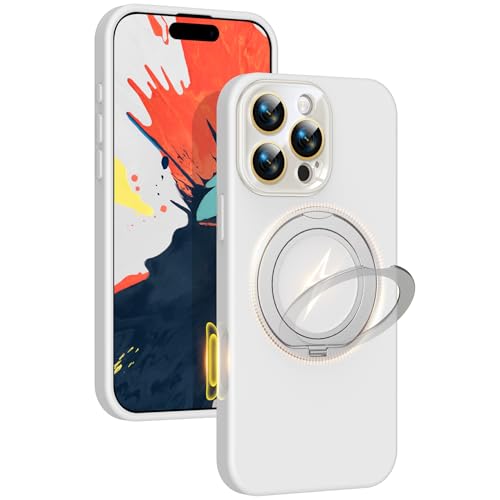 Image of Silicone 360 Spin Magnetic Stand Case for iPhone 16 Pro Max, [Compatible with Mag-Safe][Reinforced Hard Camera Protection] Liquid Silicone Rubber Phone Cover with Ring, Camera Button, White