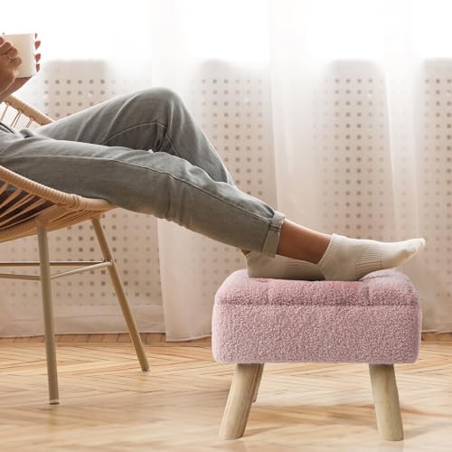 OGEMXU Vanity Stool Chair with Storage,Teddy Velvet Footstool with Wood Legs,Pink