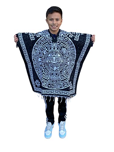EMISA BLACK AND WHITE, KIDS CALENDARIO PONCHO, KIDS SIZE, 6-12, KIDS GABAN, PONCHO AZTECA, WARM, SOFT INSIDE, 1ST QUALITY