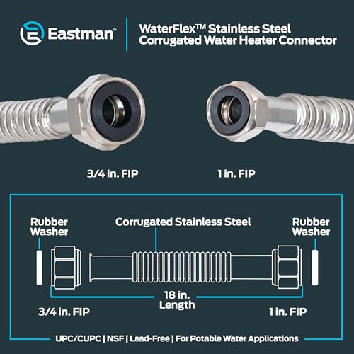 Image of Eastman 18 Inch WaterFlex Water Heater Connector, 3 /4 Inch FIP x 1 Inch FIP, Stainless Steel Corrugated Water Heater Supply Line, 437518
