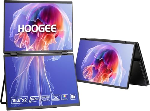 HOOGEE Laptop Screen Extender, 15.6” 1080P Dual Monitor Folding Stacked Moniter, FHD IPS Portable Travel, Triple Screen Monitor Extender for Laptop(Wins/Mac), USB-C HDMI/270°Rotation/VESA Supported