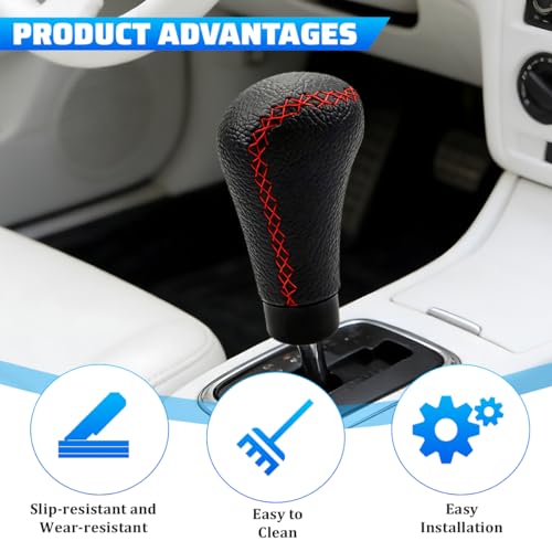 FALVFUN Car Shifter Knobs, Leather Vehicle Gear Shifter Stick Lever Replacement, Auto Interior Gearbox Shifting Stick Handle, Universal for Most Manual Transmission Vehicles (Red Line/Black) - Thumbnail 3