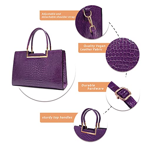 Jhvyf Women Work Purses Satchel Crocodile Pattern Shoulder Bag Lady Retro Tote Fashion Faux Patent Leather Top Handle Handbags With Wallet 2Pcs Set Purple #TOP5