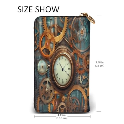 Leather Wallet for Women & girls, Fashion Long billfold Wallets, Durable Ladies purse for Daily, Clocks and Gears ID card package, Slim Thin RFID Blocking Credit Card Wallets with Zipper Coin Pocket 5