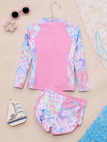 TiaoBug Kids Girls Floral 2 Pcs Rash Guard Sets Zip Neck Swim Shirts with Shorts Swimsuits4