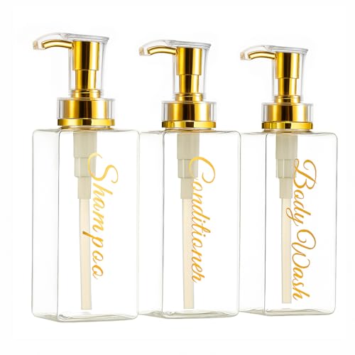 uMadeUs Shampoo and Conditioner Dispenser - Essentials Toiletry Bottles - Shower Refillable Shampoo and Body Wash Soap Pump Bottle – 3X 16oz Containers - Clear All Gold 1 Square