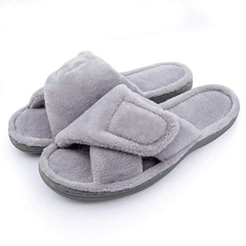Women's Diabetic Slippers Memory Foam Soft Cozy Arch Support Arthritis Edema Hook and Loop Bedroom Shoes Non Slip Rubber Sole for Indoor Outdoor, Grey 9.5/10.5..