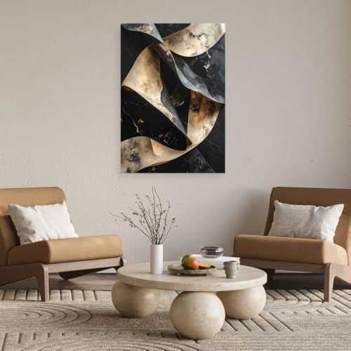 Cuadro abstracto para salón y dormitorio, lienzo moderno negro y dorado de 40 x 60 cm sin marco 2