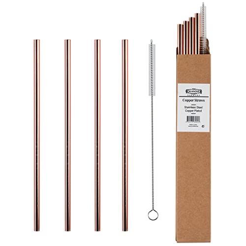 Premium Trinkhalm / Strohhalm aus Metall von ALANDIA | Ideal für Moscow Mule & Gin & Tonic | Edelstahl mit Kupfer (verkupfert) | Set mit 4X Strohhalm und 1X Bürste | Super Geschenk Cover