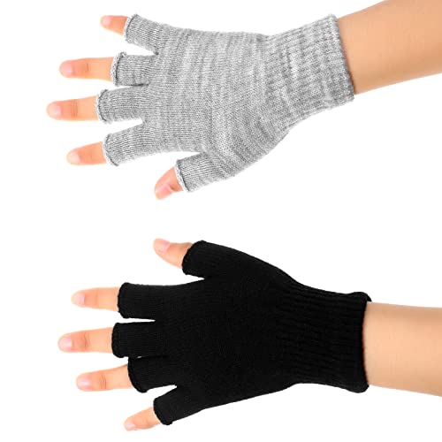 2 Pares de Guantes de Medio Dedo Guantes Cálidos Unisex sin Dedos de Invierno para Hombres Mujeres (Negro, Gris) Cover