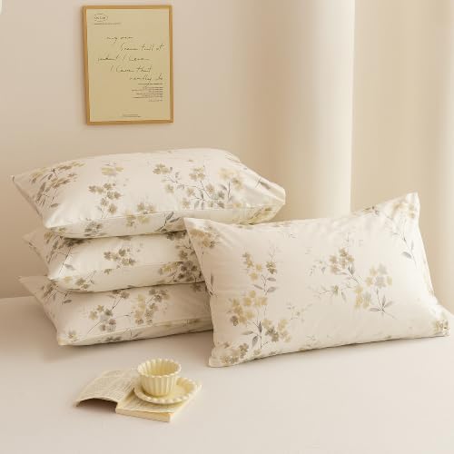 Image of ECOCOTT 4 Pack Pillowcase King Size with Vintage Wash Painting Floral Pillow Cases Set, 100% Cotton King Pillow Covers Envelope Closure (King, 20 inchx36 inch)