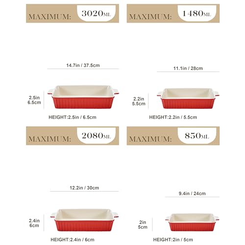 MALACASA Serie BAKE.BAKE Pirofile da Forno in Ceramica Rettangolari, Set di 4 Teglie da Forno per Lasagne Ceramica 3020, 2080, 1480, 850 ml, Casseruole da Forno Rosso - immagine 3