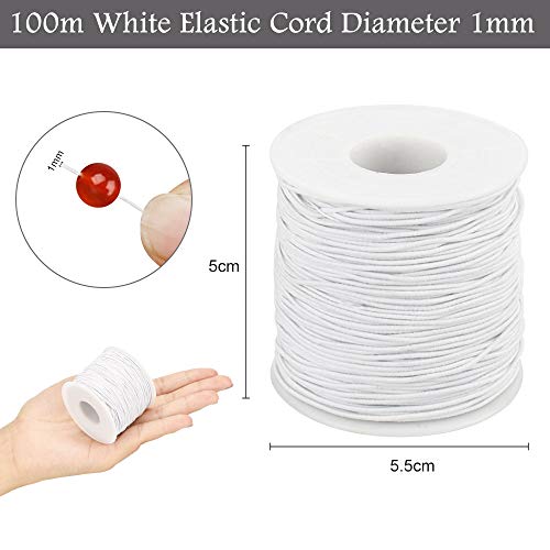 LYTIVAGEN 100m Cuerda Elástica Cordón de 1mm Cordones de Fabricación de Tela Elástica Cordón Artesanal Hilo Elástico Hilo de Perlas para Pulseras, Collares, Fabricación de Joyas, Bricolaje (Blanco)