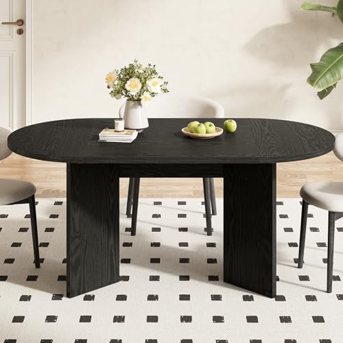 Image of LITTLE TREE 63 inch Rustic Oval Dining Table for 4-6, Sturdy MDF Farmhouse Kitchen Table with Metal Strip Base, for Living Room, Office, Restaurant, Multi-Use, Black