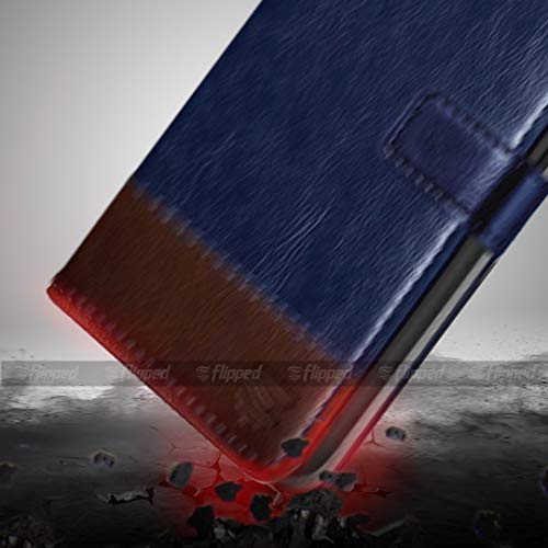 Image of FLIPPED Vegan Leather Flip Case Back Cover for iQOO 9 SE 5G (Flexible, Shock Proof | Hand Stitched Leather Finish | Card Pockets Wallet & Stand | Blue with Brown)
