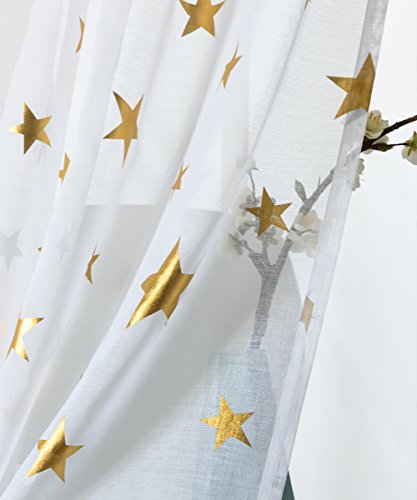 Kotile Girls Bedroom Curtain For Starry Night Twinkle Voile Sheer Curtains, 2 Panels Grommet Top Gold Star Print Glitter Curtain Panels Draperies Perfect For Kids/Nursery, W52 X L84 Inches #TOP5