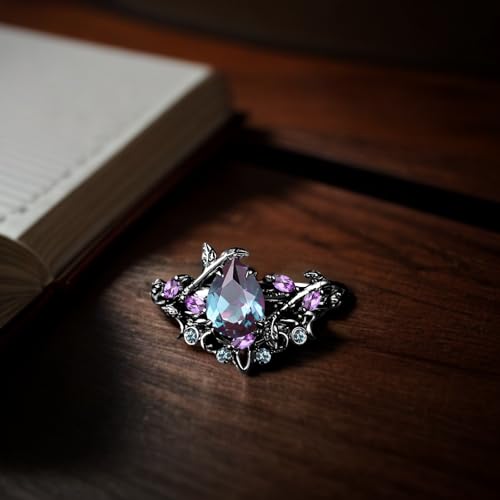 S925/10K/14K/18K Solid Gold Pear/Oval/Long Hexagon/Kite Shape Alexandrite Engagement Ring Set Leaf Art Deco Unique Vine Gemstone Wedding Anniversary Gothic Black Gold Bridal Ring Set3