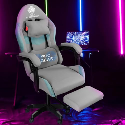 Image of Casa Copenhagen Designed in Denmark, High-Back Fabric Gaming Ergonomic Chair with Advanced Mechanism & Electric Back Massager, Luxurious Memory Foam Seating & Multi Function Arm-Rest -Grey & Aqua Blue