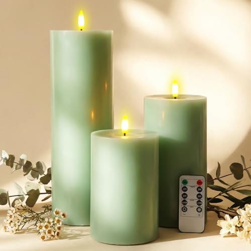 Image of Retisee 3 Pcs Sage Green 6 /8 /12 Inches Flameless LED Candles with Remote and 2 /4 /8h Timer Battery Operated Wax Electric Flickering Pillar Candles for Spring Weddings, Garden Parties Decor