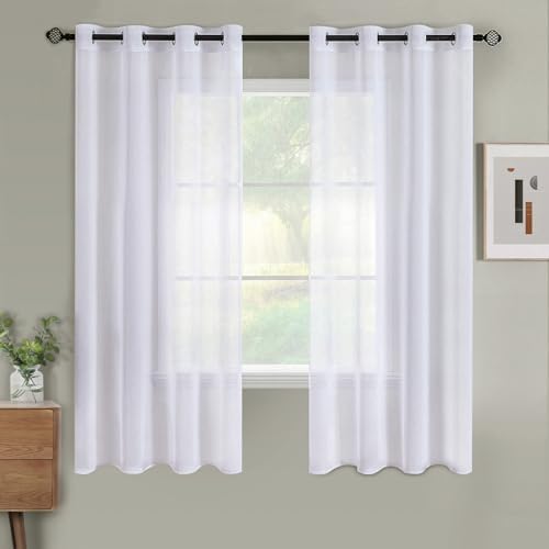 Woaboy Voile Kurz Gardinen Wohnzimmer Vorhänge Ösen 2er 140x145cm Weiß | Voile Gewebe für Wohnzimmer und Schlafzimmer, transparent, leicht und dekorativ für moderne Fenster.