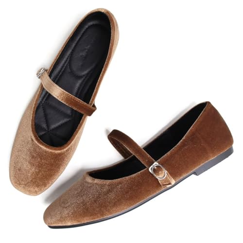 Hee grand Velvet Flats for Women Retro Square Toe Mary Jane Shoes Comfortable Buckle Strap Ballet Flats,Brown 93