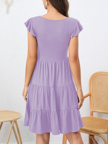 Image of Lamilus Summer Dresses for Women 2026 Ruffle Sleeve V Neck Non-See Through Tiered Babydoll Mini Dress Graduation Beach