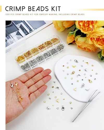 YETOOME Kit de 1200 Peças de Contas de Crimpagem para Fabricação de Joias, Incluindo Contas de Crimp