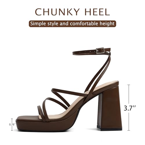 Image of Shoe'N Tale Platform Heels for Women Strappy Block Chunky Heels Square Toe Ankle Buckle Sandals